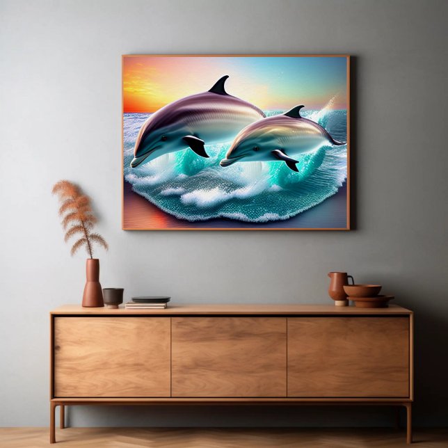 3D Dolphins Ocean Sunset Tropical Beach Vibe  Poster (Creator Uploaded)