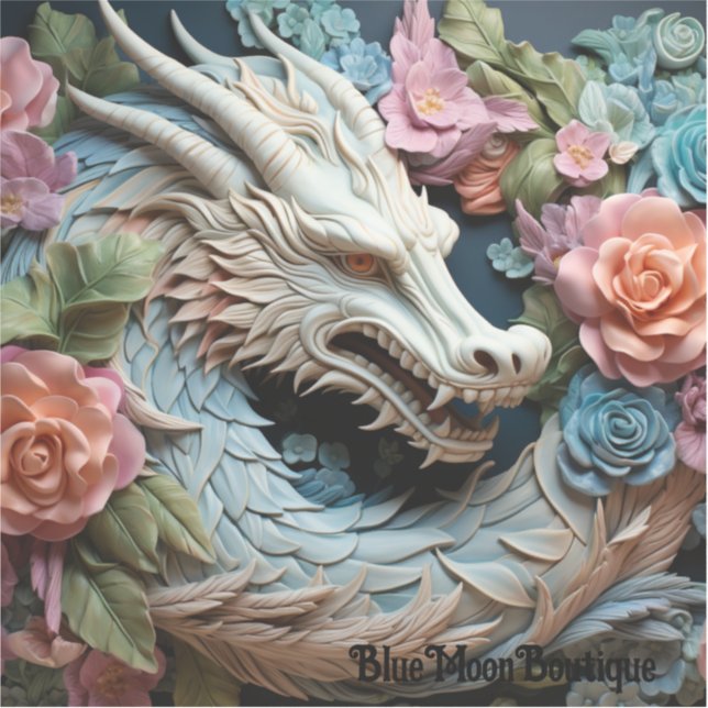 3D Dragon and Flowers Custom-Cut Vinyl Sticker (Front)