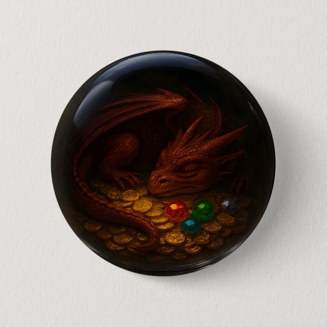 3D Dragon & Treasure Glass Sphere Button (Front)