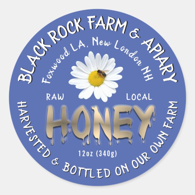 3D Dripping Gold Honey Text Daisy Honeybee on Blue Classic Round Sticker (Front)