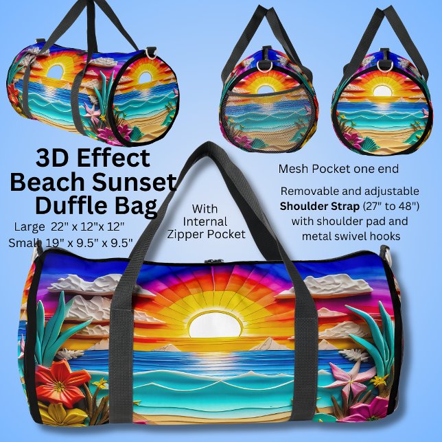 3D Effect, Beach Sunset Flowers Clouds Painting Duffle Bag (Creator Uploaded)