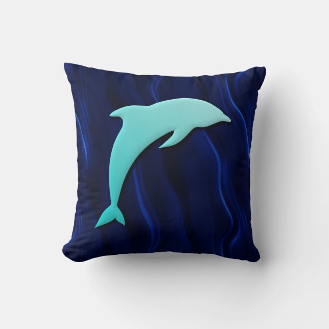 3D Effect Blue Dolphin On Deep Water Blue Throw Pillow (Front)