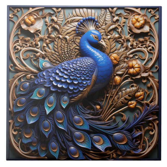 3D effect Blue Peacock, Baroque Tile (Front)