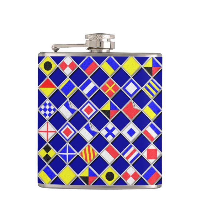 3D Effect Chequered Nautical Flag tiles Motif Hip Flask (Front)