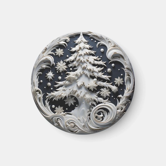 3D Effect Christmas Tree Round Magnet (Front)