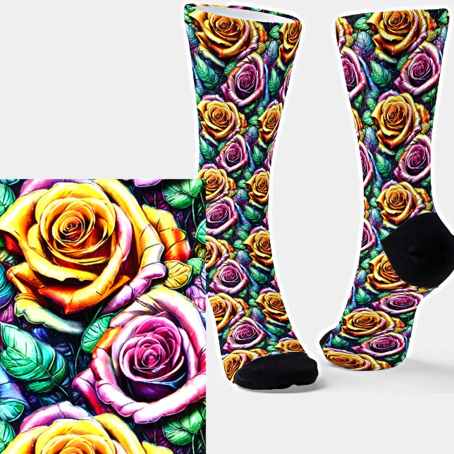 3D Effect Yellow Mauve Rose Flowers  Socks (Creator Uploaded)