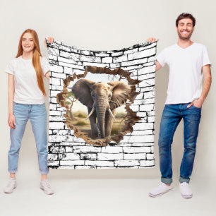 3D Elephant Wall Break Art – Realistic Safari (2) Fleece Blanket