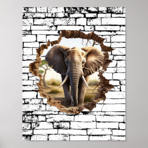 3D Elephant Wall Break Art – Realistic Safari (2) Poster