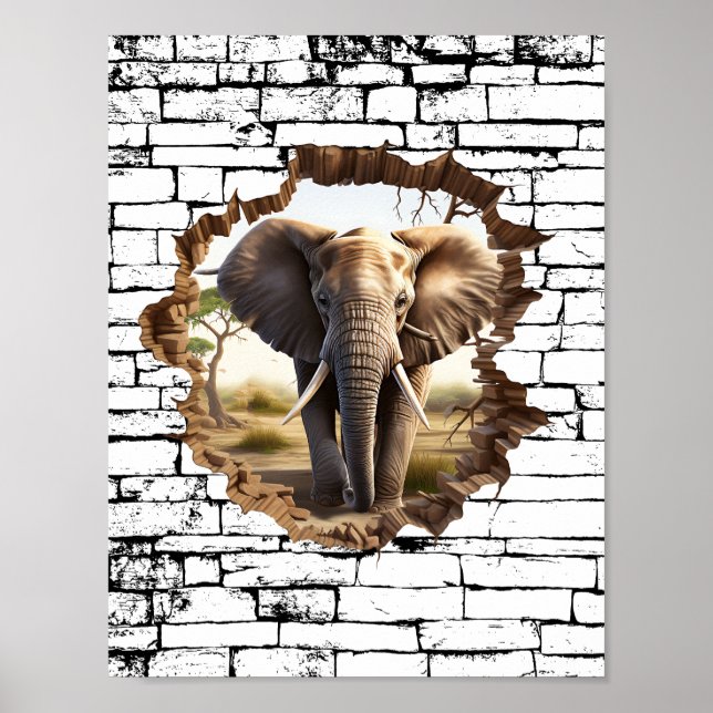 3D Elephant Wall Break Art – Realistic Safari (2) Poster (Front)