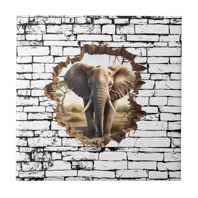 3D Elephant Wall Break Art – Realistic Safari (2) Tile (Front)