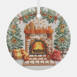 3D Embroidered fireplace Christmas ornaments