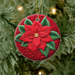 3D Embroidered Look Poinsettia Winter Christmas Ceramic Ornament