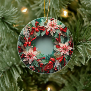 3D Embroidered Look Poinsettia Wreath Christmas Ceramic Ornament