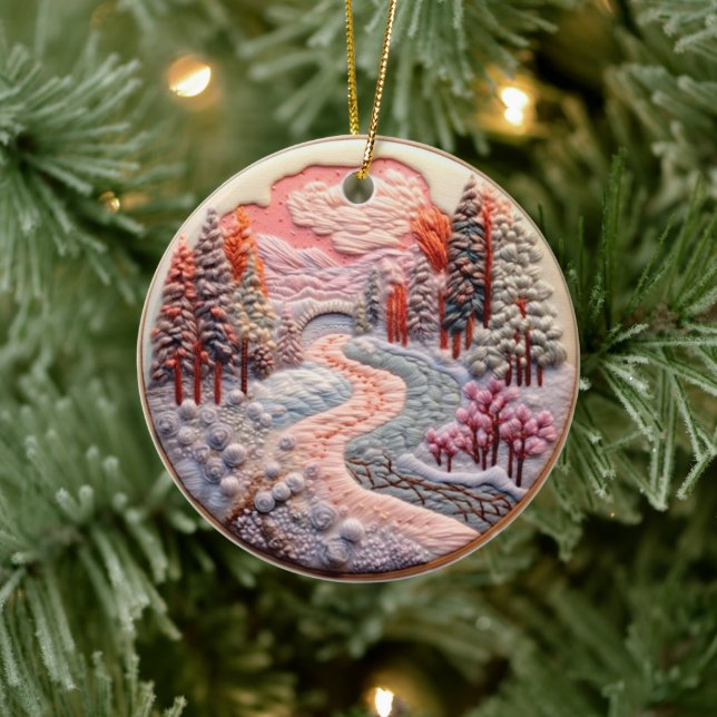 3D Embroidered Look Winter Forest Landscape Ceramic Ornament (Tree)