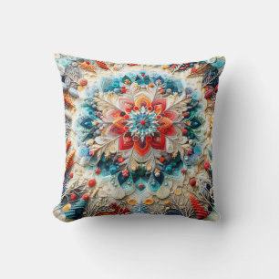 3D Embroidered Look Winter Mandala Kaleidoscope Throw Pillow