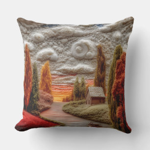 3D Embroidery Style Autumn Sunset Landscape Throw  Outdoor Pillow