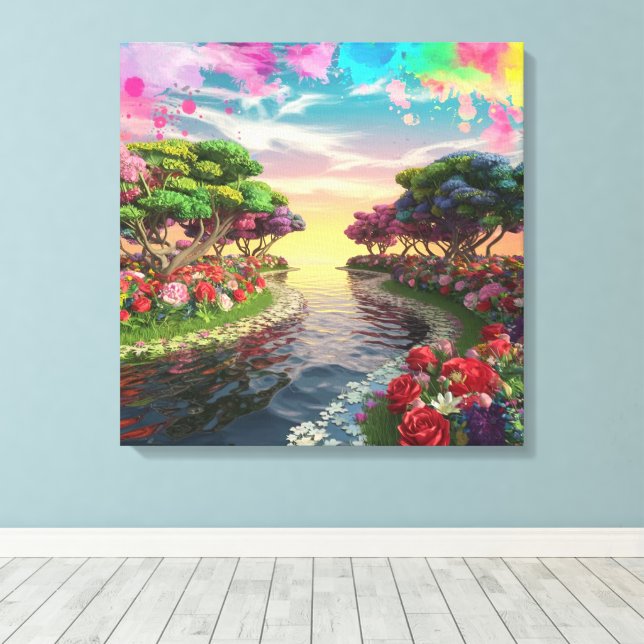 3D Fantasy Sunset Over Serene Lake with Vibrant  Canvas Print (Insitu(Wood Floor))