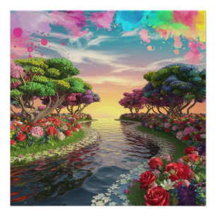 3D Fantasy Sunset Over Serene Lake with Vibrant Poster