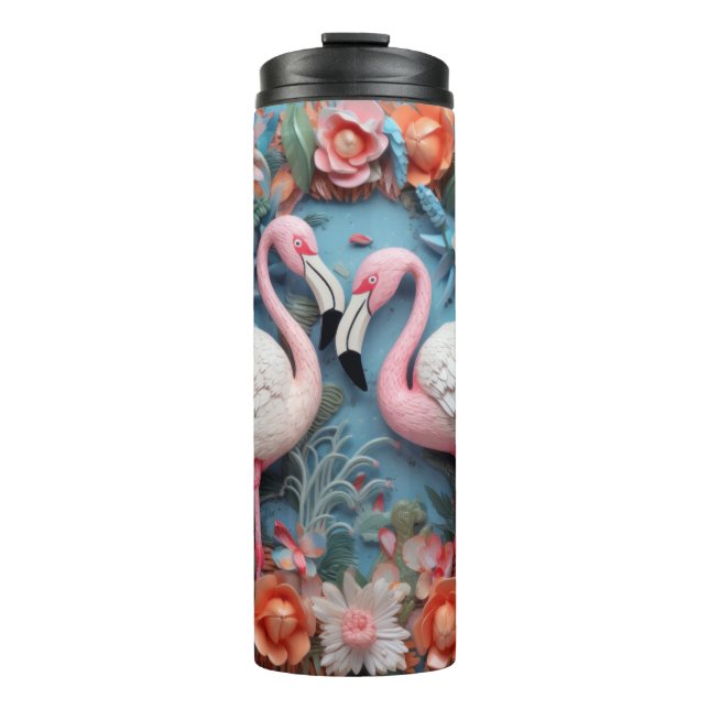 3d Flamingo with flowers Thermal Tumbler (Front)