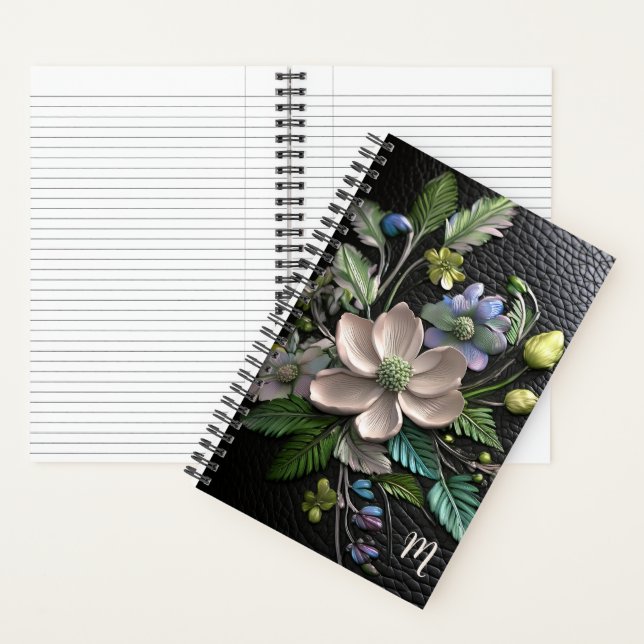3D floral embossed black leather look monogram Notebook (Inside)