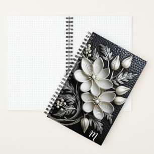 3D  floral embossed black leather look monogram Notebook