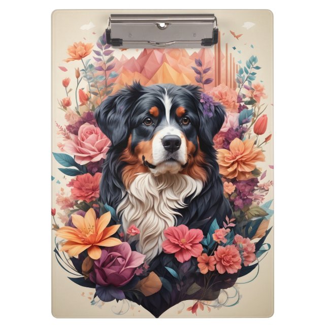 3D Floral Fantasy Bernese Mountain Dog Birds View Clipboard (Front)