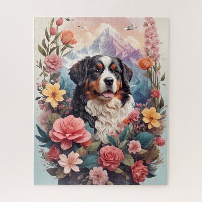 3D Floral Fantasy Bernese Mountain Dog Birds View Jigsaw Puzzle (Vertical)