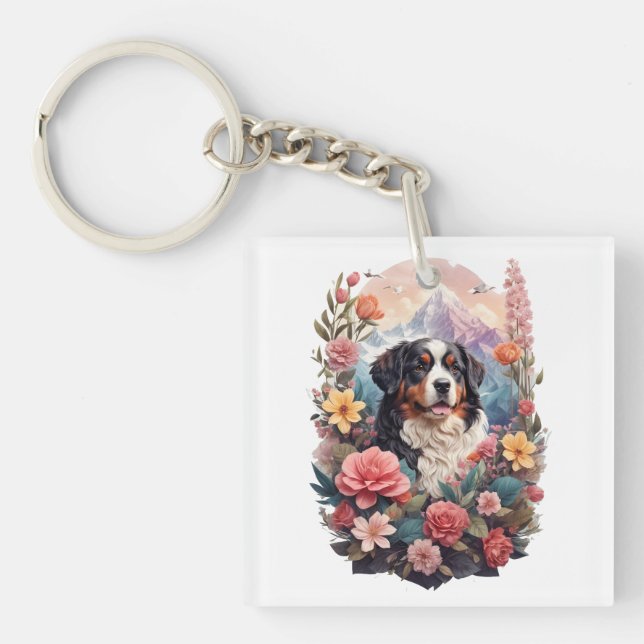 3D Floral Fantasy Bernese Mountain Dog Birds View Keychain (Front)