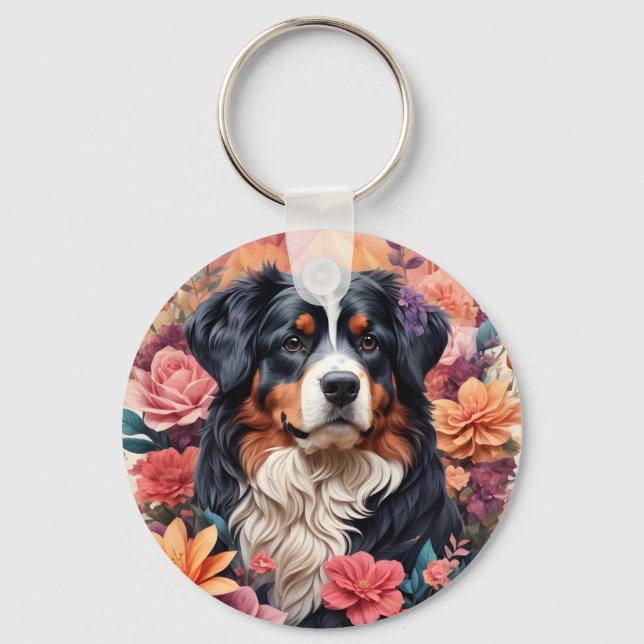 3D Floral Fantasy Bernese Mountain Dog Birds View Keychain (Back)