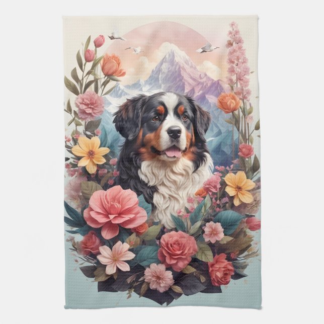 3D Floral Fantasy Bernese Mountain Dog Birds View Kitchen Towel (Vertical)