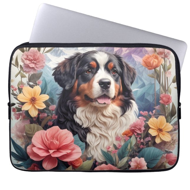 3D Floral Fantasy Bernese Mountain Dog Birds View Laptop Sleeve (Front)