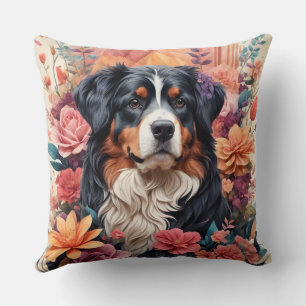 3D Floral Fantasy Bernese Mountain Dog Birds View Throw Pillow
