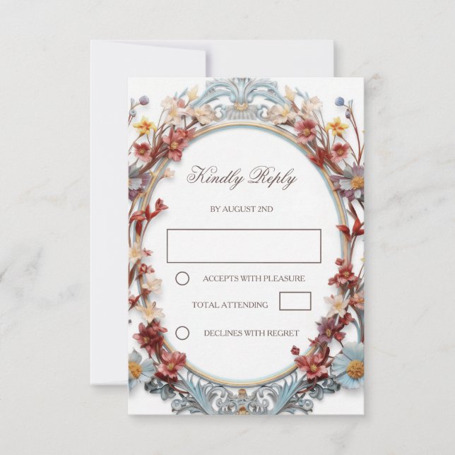 3D Floral Frame Modern White RSVP Card (Front)