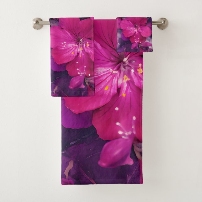 3D Floral Fuchsia & Purple Marble Art Couverture Bath Towel Set (Insitu)