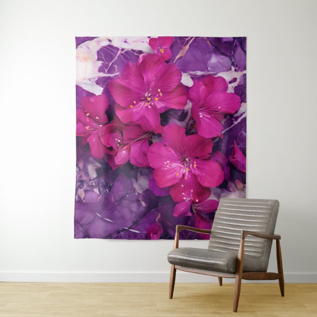 3D Floral Fuchsia & Purple Marble Art Tapestry (In Situ)