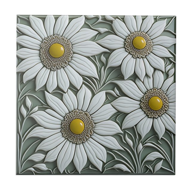 3D Floral Wall Decor Art Nouveau Ceramic Tile (Front)