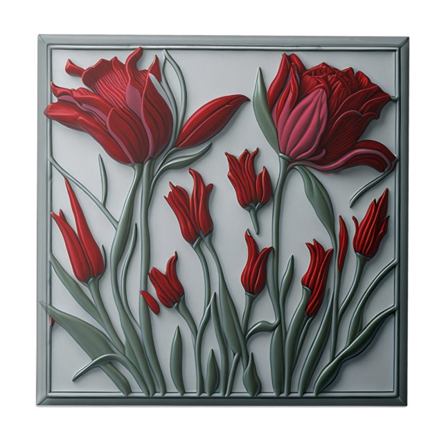 3D Floral Wall Decor Art Nouveau Ceramic Tile (Front)