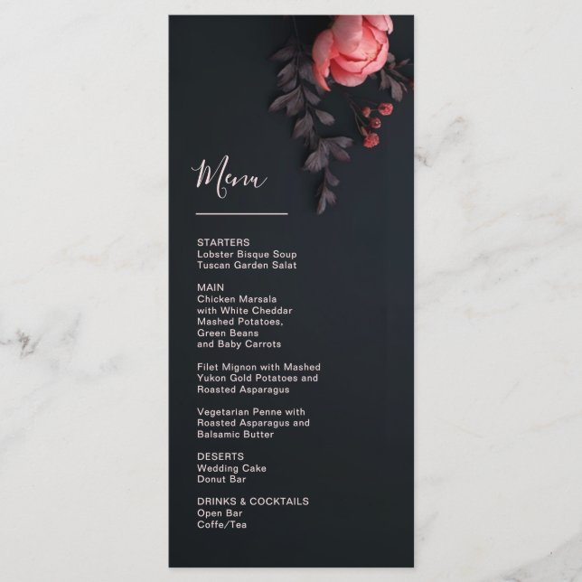 3D Flowers Rose Dark Romantic Wedding Menu (Front)