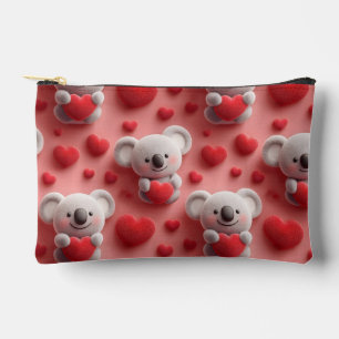 3D Fluffy Koala and Heart Seamless Pattern Accessory Pouch