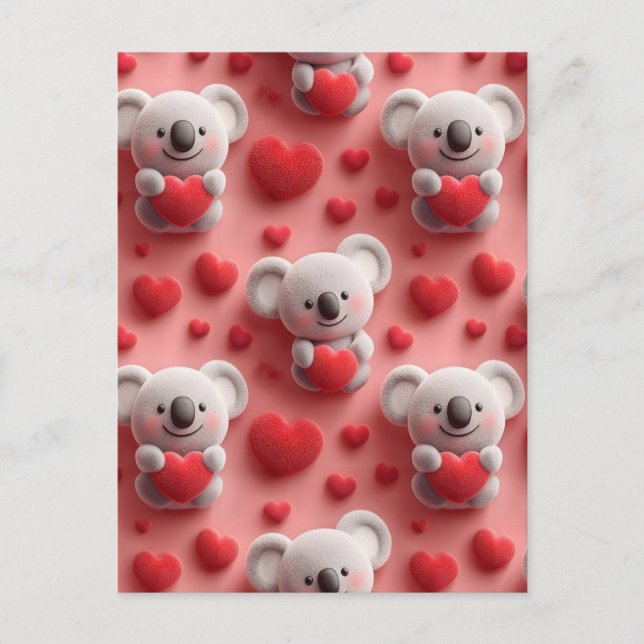 3D Fluffy Koala and Heart Seamless Pattern Postcard (Front)