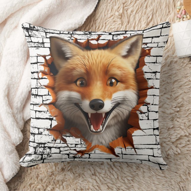 3D Fox Wall Break Art – Realistic Safari Throw Pillow (Blanket)