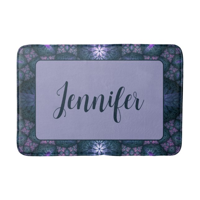 3D Fractal Abstract Pattern Blue Purple Pink Name Bath Mat (Front)