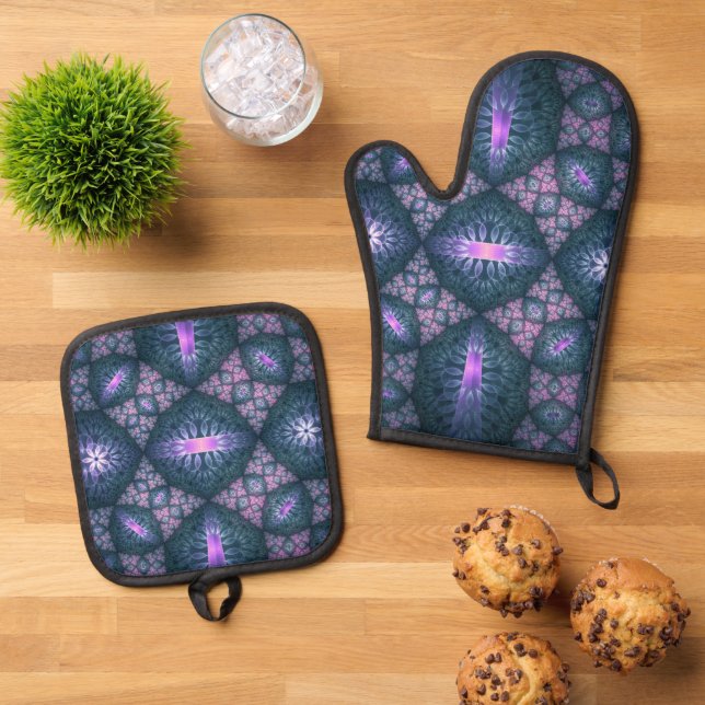3D Fractal Art Abstract Pattern Blue Purple Pink Oven Mitt & Pot Holder Set (Top Down)