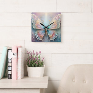 3D Fractal Art Pastel Butterfly, Square Wall Clock