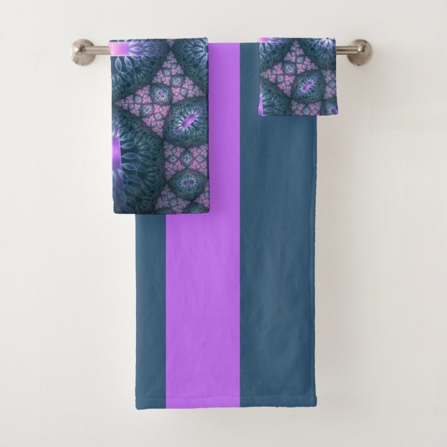 3D Fractal Art Pattern Turquoise Purple Pink Bath Towel Set (Insitu)