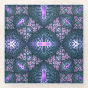 3D Fractal Art Pattern Turquoise Purple Pink Glass Coaster