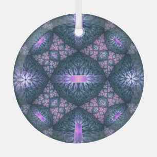 3D Fractal Art Pattern Turquoise Purple Pink Glass Ornament