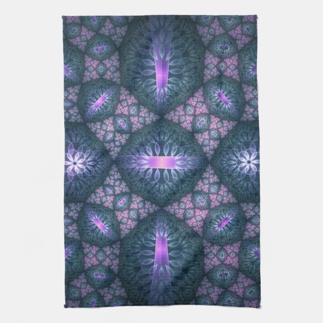 3D Fractal Art Pattern Turquoise Purple Pink Kitchen Towel (Vertical)
