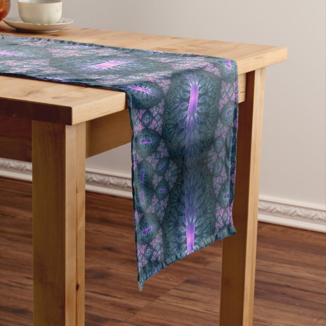 3D Fractal Art Pattern Turquoise Purple Pink Long Table Runner (In Situ)