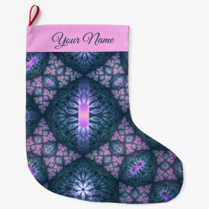 3D Fractal Art Pattern Turquoise Purple Pink Name Large Christmas Stocking